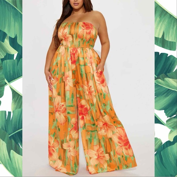 Fashion Nova Pants - In The Flower Fields Satin Jumpsuit - Orange/combo